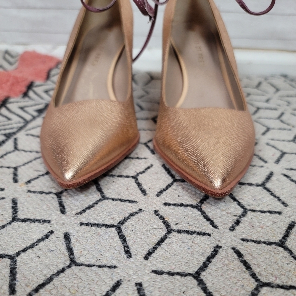 Anthropologie Metallic Rose Gold Pointed Toe Heels with Mauve Ties - Picture 5 of 16